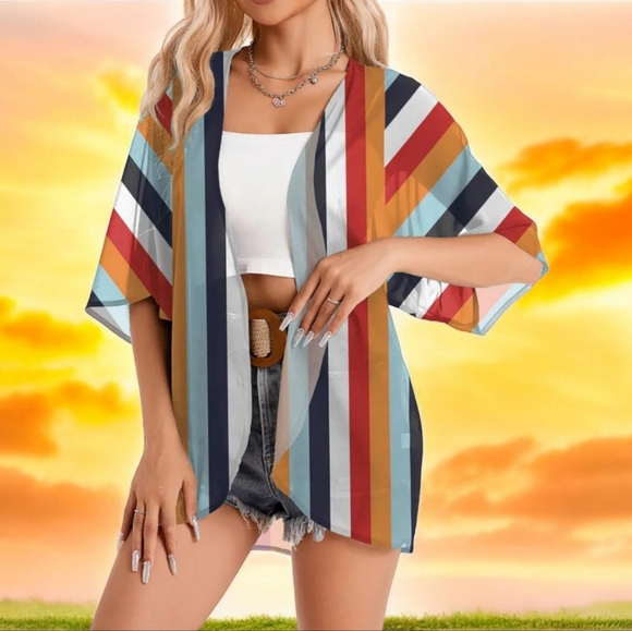 New! Semi Transparent striped Kimono Cover-Up Sz Xlarge - Picture 6 of 7
